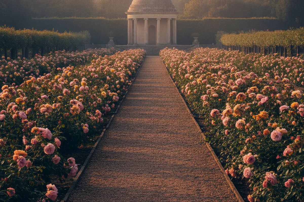 Weitläufiger Rosengarten bei goldenem Abendlicht — sinnbildlich für das Europa-Rosarium Sangerhausen